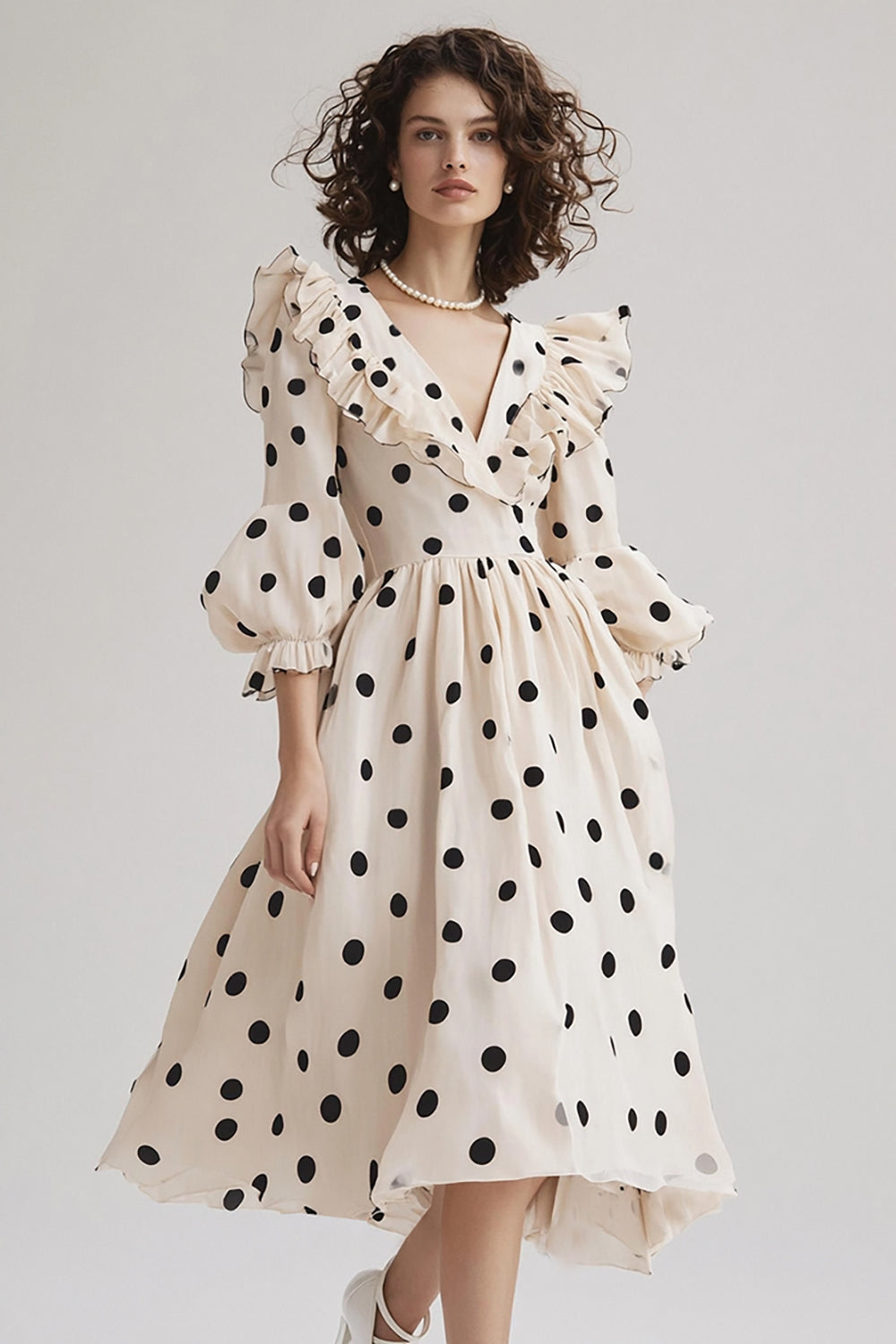 Ivory A Line V Neck Ruffled Black Polka Dots Dress with Puff Sleeves