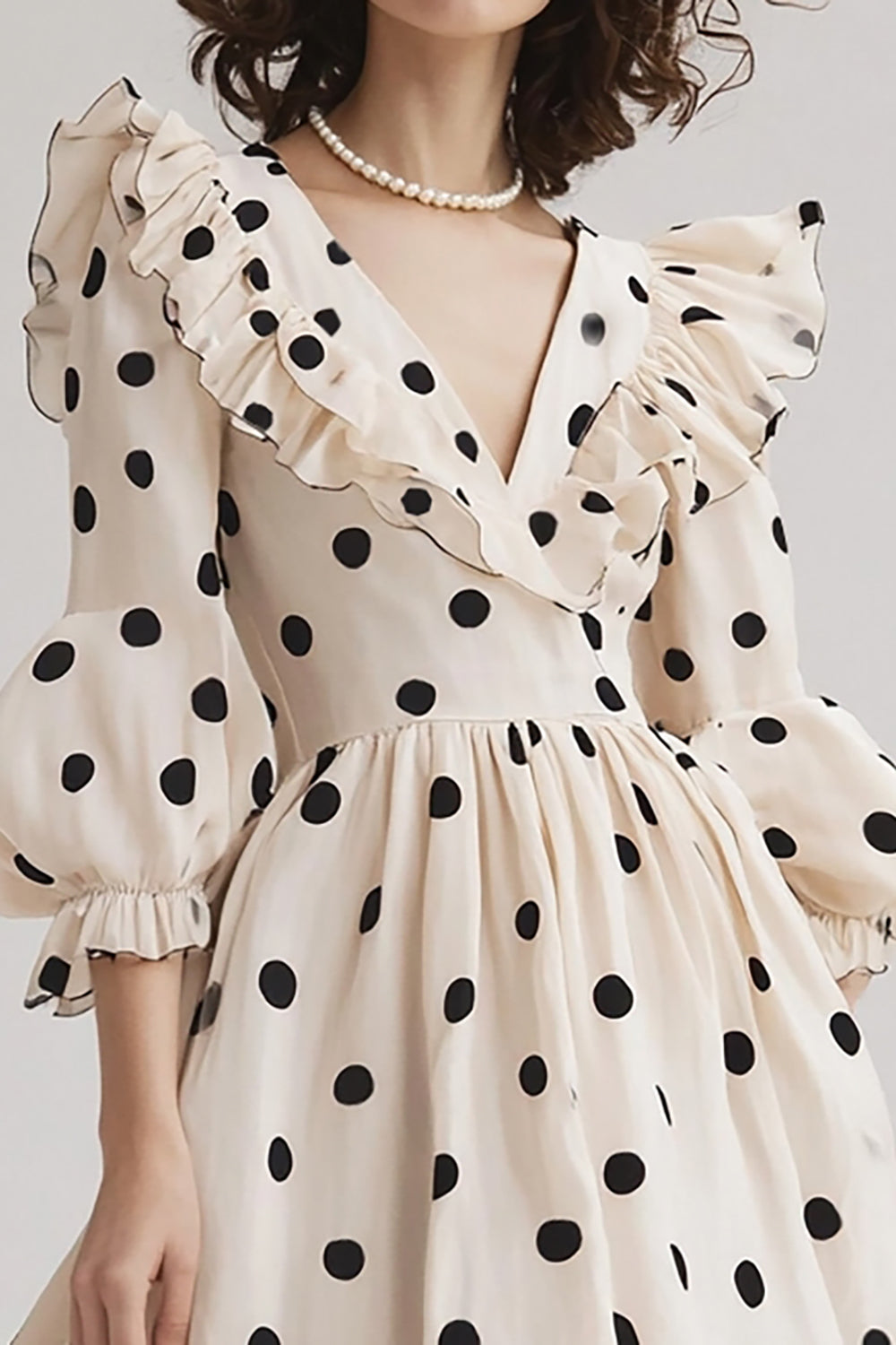 Ivory A Line V Neck Ruffled Black Polka Dots Dress with Puff Sleeves