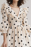 Ivory A Line V Neck Ruffled Black Polka Dots Dress with Puff Sleeves