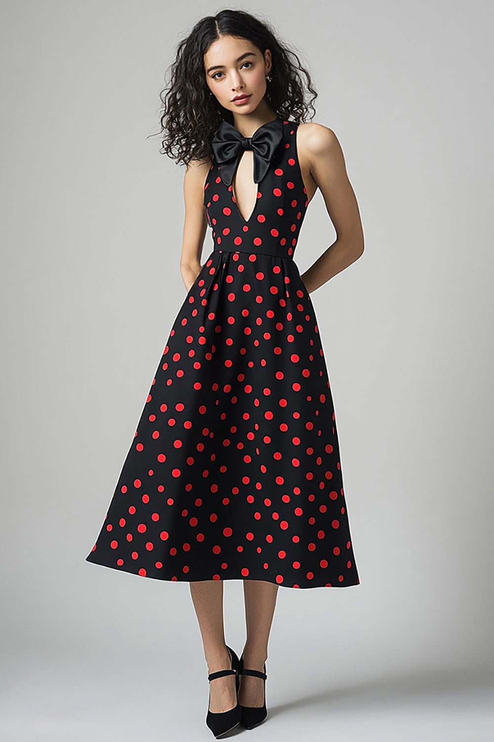 A Line Cut Out Black Red Polka Dots Dress with Bow