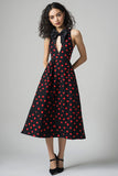 A Line Cut Out Black Red Polka Dots Dress with Bow