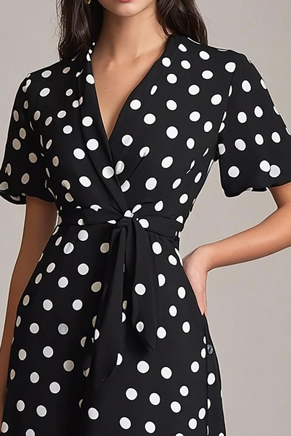 Black White A-Line V-Neck Polka Dots Dress with Sash