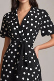 Black White A-Line V-Neck Polka Dots Dress with Sash