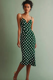 Green White Spaghetti Straps Sheath Midi Polka Dots Dress