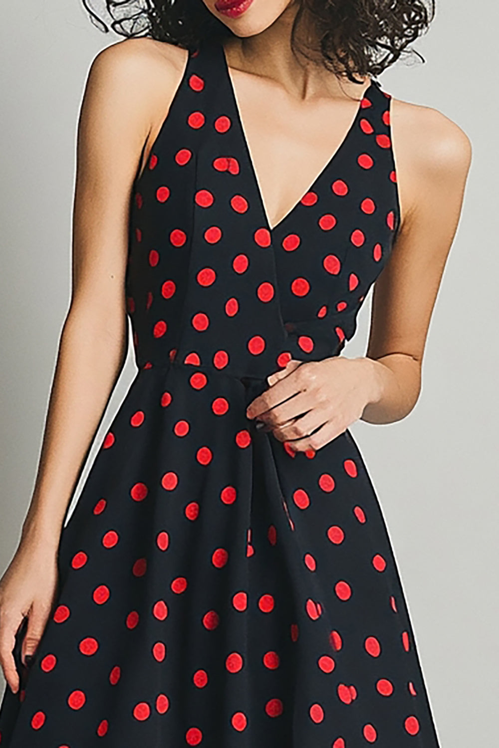 Black Red A Line V Neck Polka Dots Dress