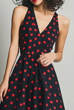 Black Red A Line V Neck Polka Dots Dress