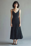 A-Line Spaghetti Straps Black White V-Neck Polka Dots Dress