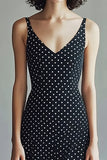 A-Line Spaghetti Straps Black White V-Neck Polka Dots Dress