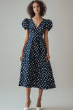 A Line V Neck Navy White Polka Dots Dress with Puff Sleeves