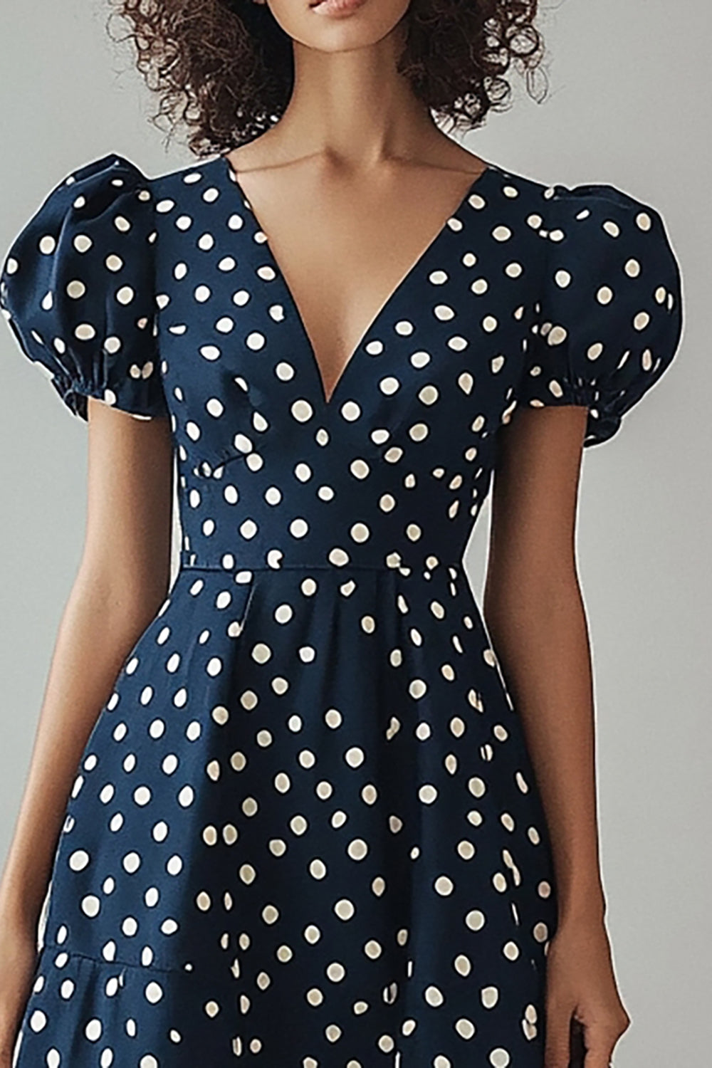 A Line V Neck Navy White Polka Dots Dress with Puff Sleeves