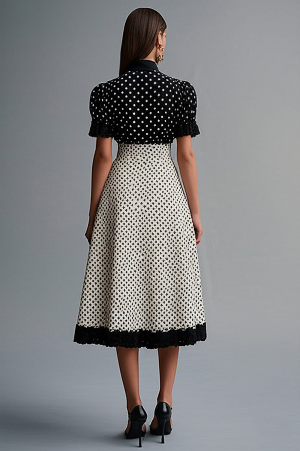 Vintage Ruffled Lapel Neck Black White Polka Dots Dress
