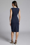 Navy Sheath Ruched Midi Work Dress
