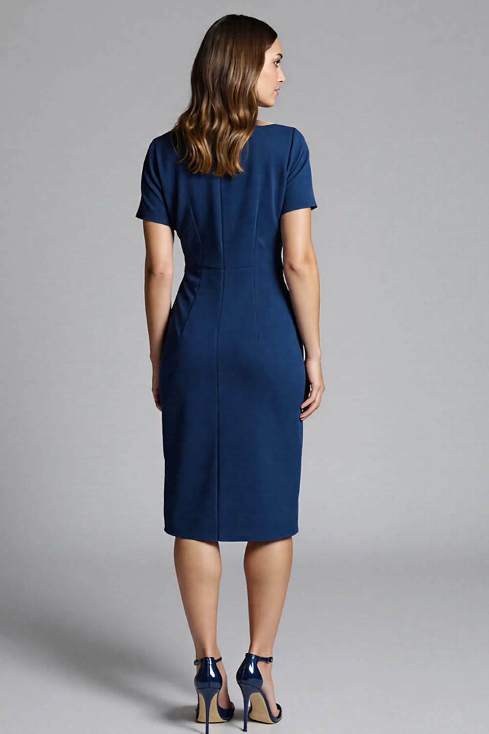 Navy Sheath Ruched Midi Work Dress