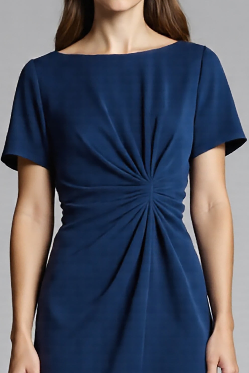 Navy Sheath Ruched Midi Work Dress
