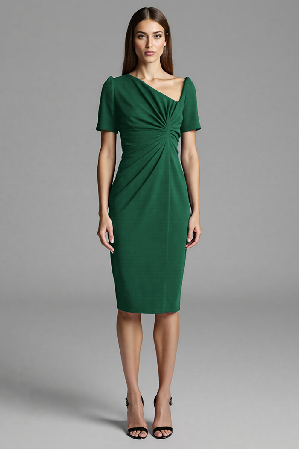 Navy Ruched Short Sleeve Sheath Work Dress