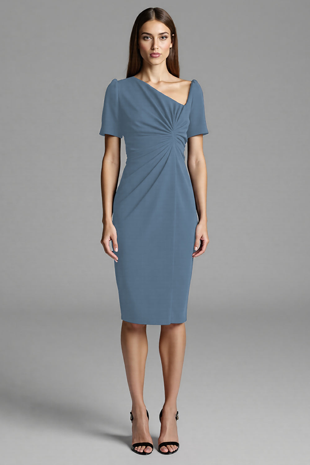 Navy Ruched Short Sleeve Sheath Work Dress