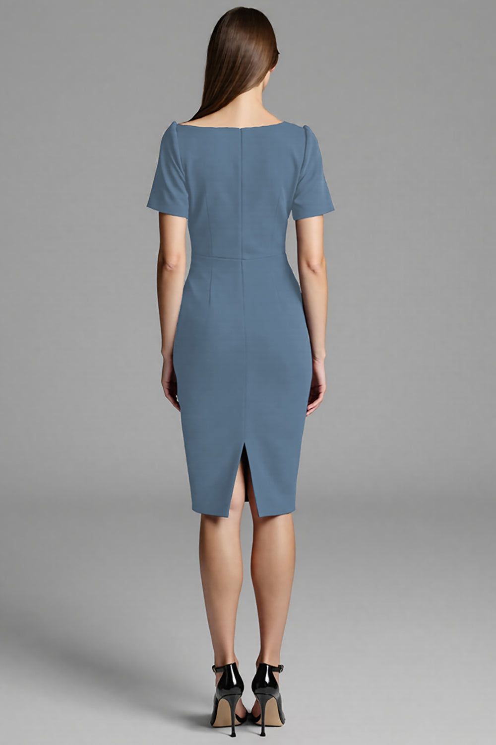 Navy Ruched Short Sleeve Sheath Work Dress