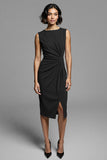 Grey Ruched Sheath Midi Work Dress With Slit