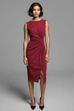 Grey Ruched Sheath Midi Work Dress With Slit