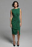 Grey Ruched Sheath Midi Work Dress With Slit