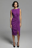 Grey Ruched Sheath Midi Work Dress With Slit