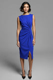 Grey Ruched Sheath Midi Work Dress With Slit