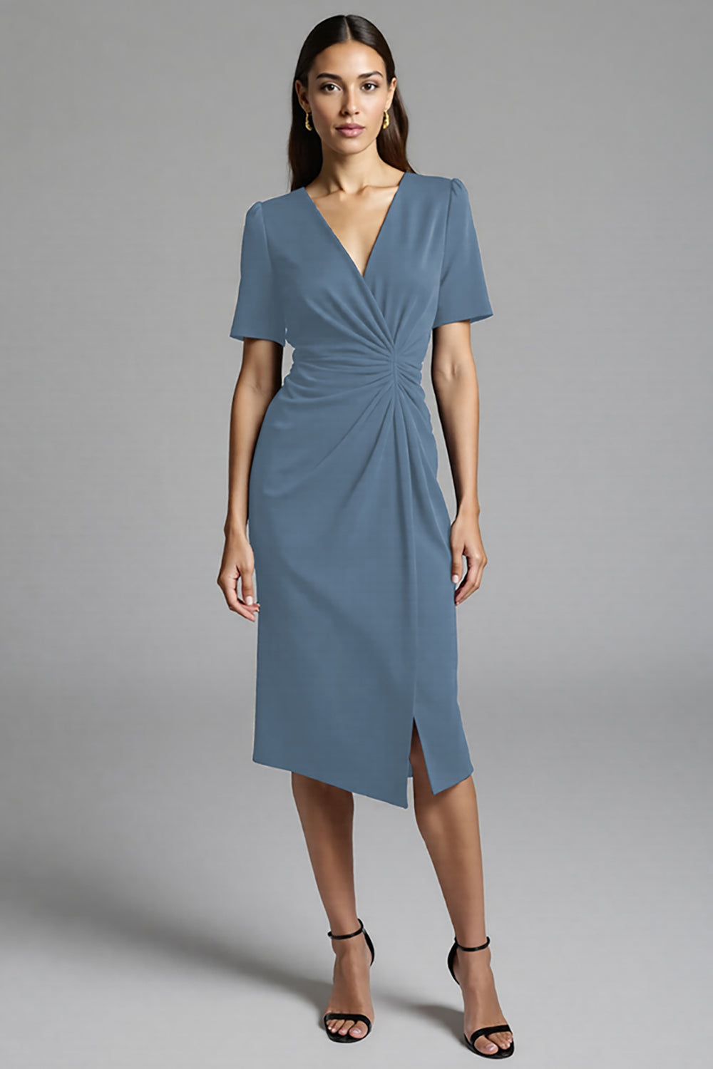 Navy Shesth Ruched Work Dress With Slit