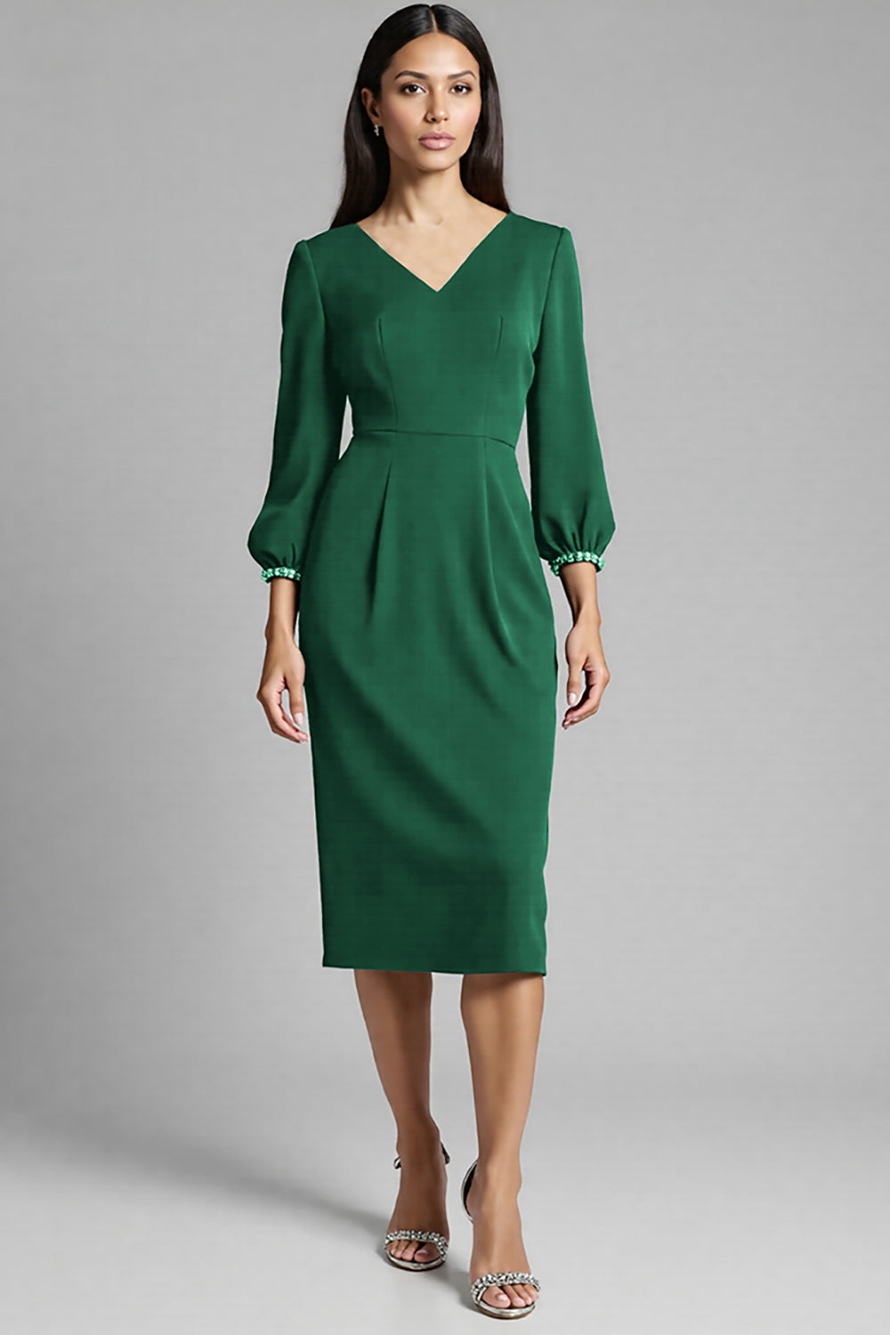 Sheath Navy Beaded V Neck Work Dress