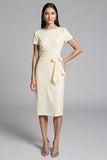 Beige Beaded Sheath Ruched Work Dress