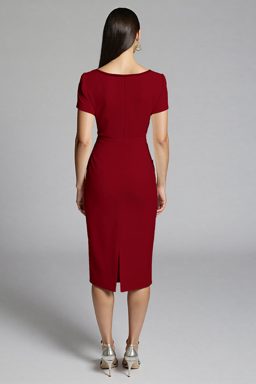 Beige Beaded Sheath Ruched Work Dress