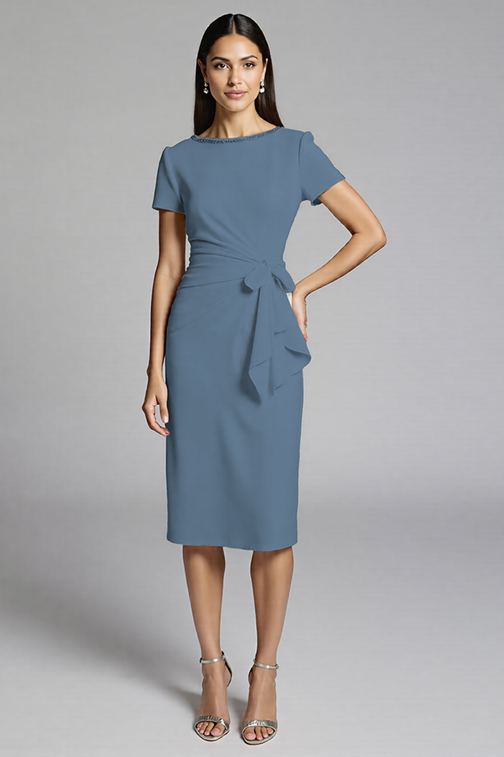 Beige Beaded Sheath Ruched Work Dress