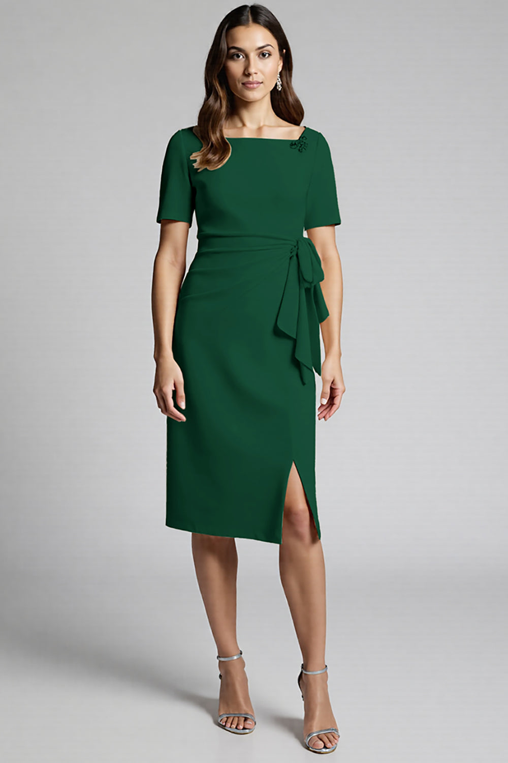 Beaded Champagne Ruched Midi Work Dress
