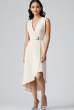 Champagne Satin V-Neck Sheath Midi Work Blazer Dress