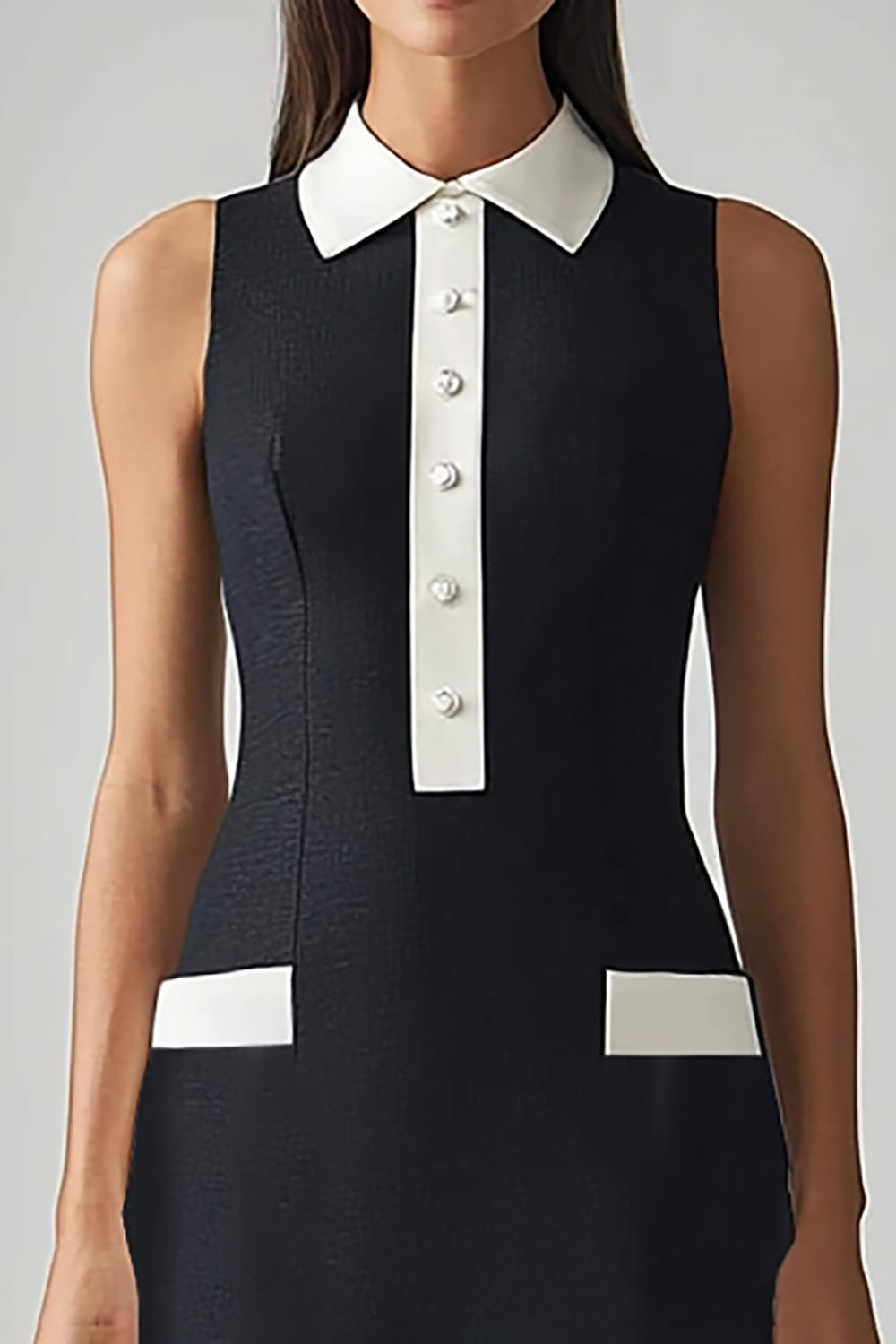 Black and White Satin Sheath Collar Neck Midi Work Dress
