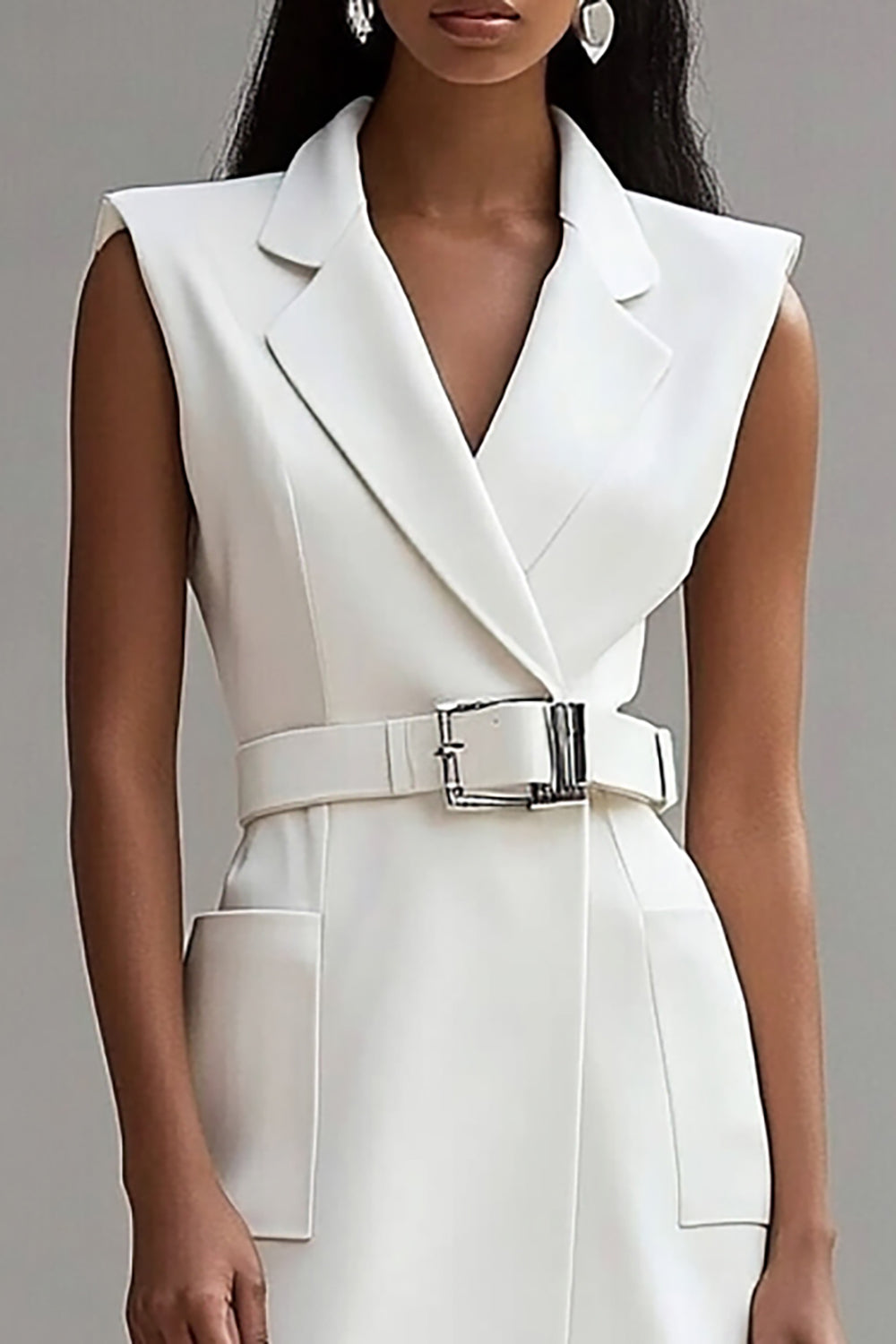 Ivory Satin Notched Lapel Short Work Blazer Dress