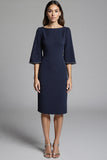 Navy Satin Midi Bodycon Work Dress with Sleeves