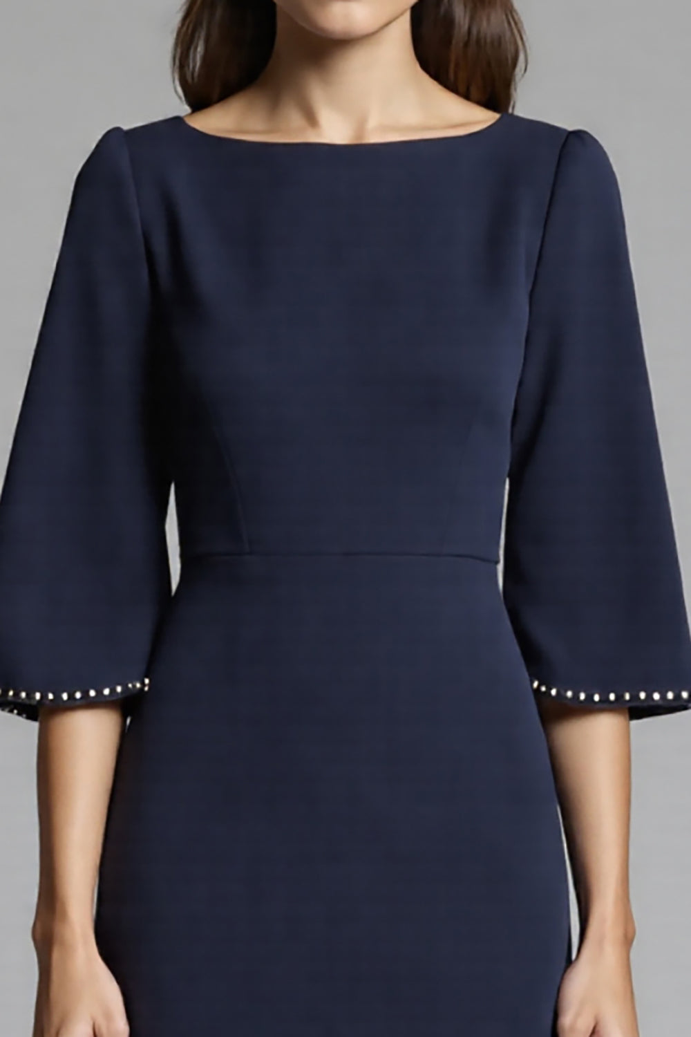 Navy Satin Midi Bodycon Work Dress with Sleeves