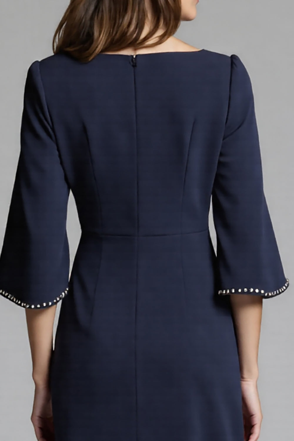 Navy Satin Midi Bodycon Work Dress with Sleeves