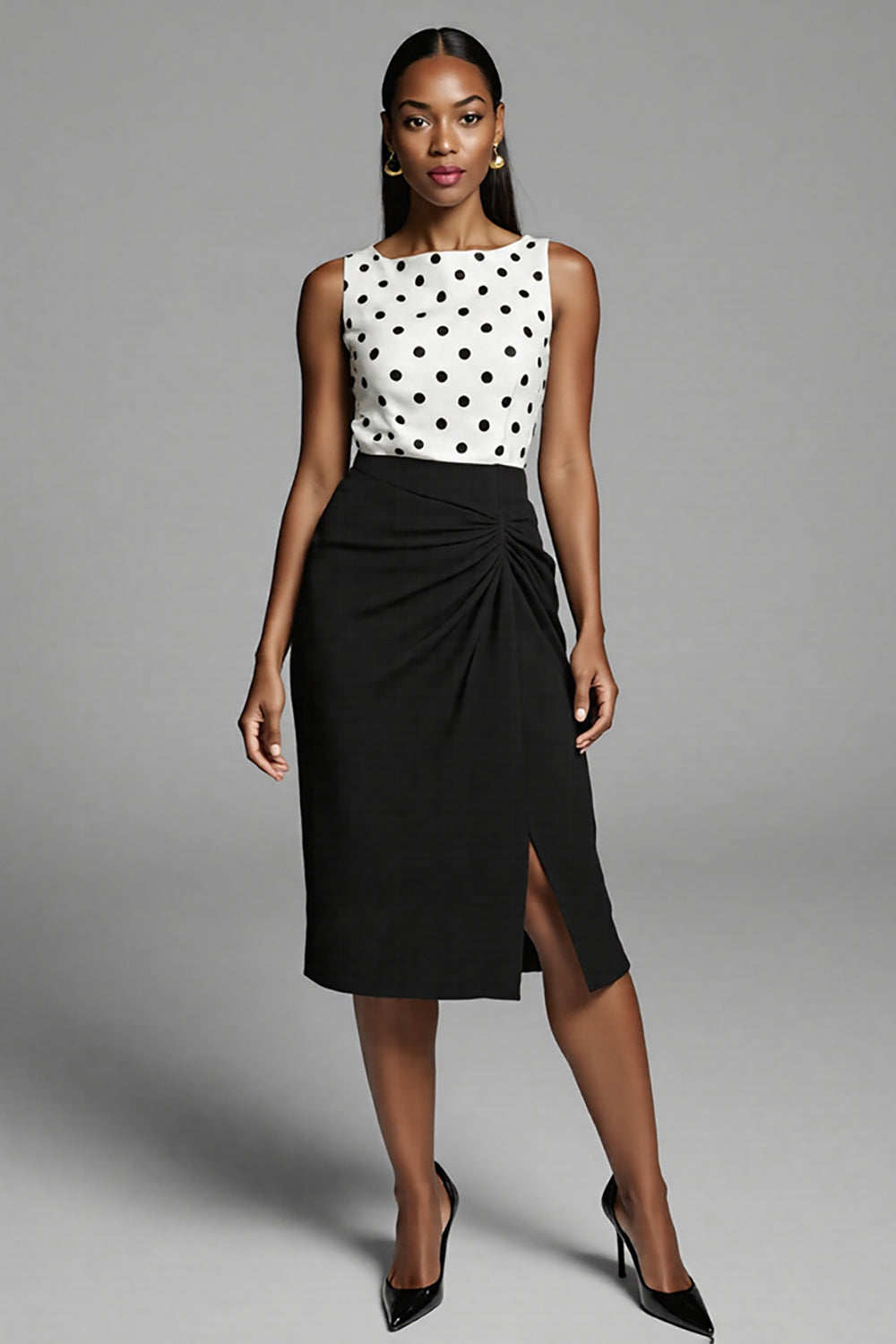 Ivory and Black Polka Dots Midi Work Dress with Slit