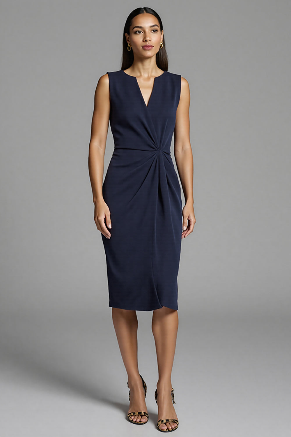 Navy Bodycon Ruched Midi Work Dress