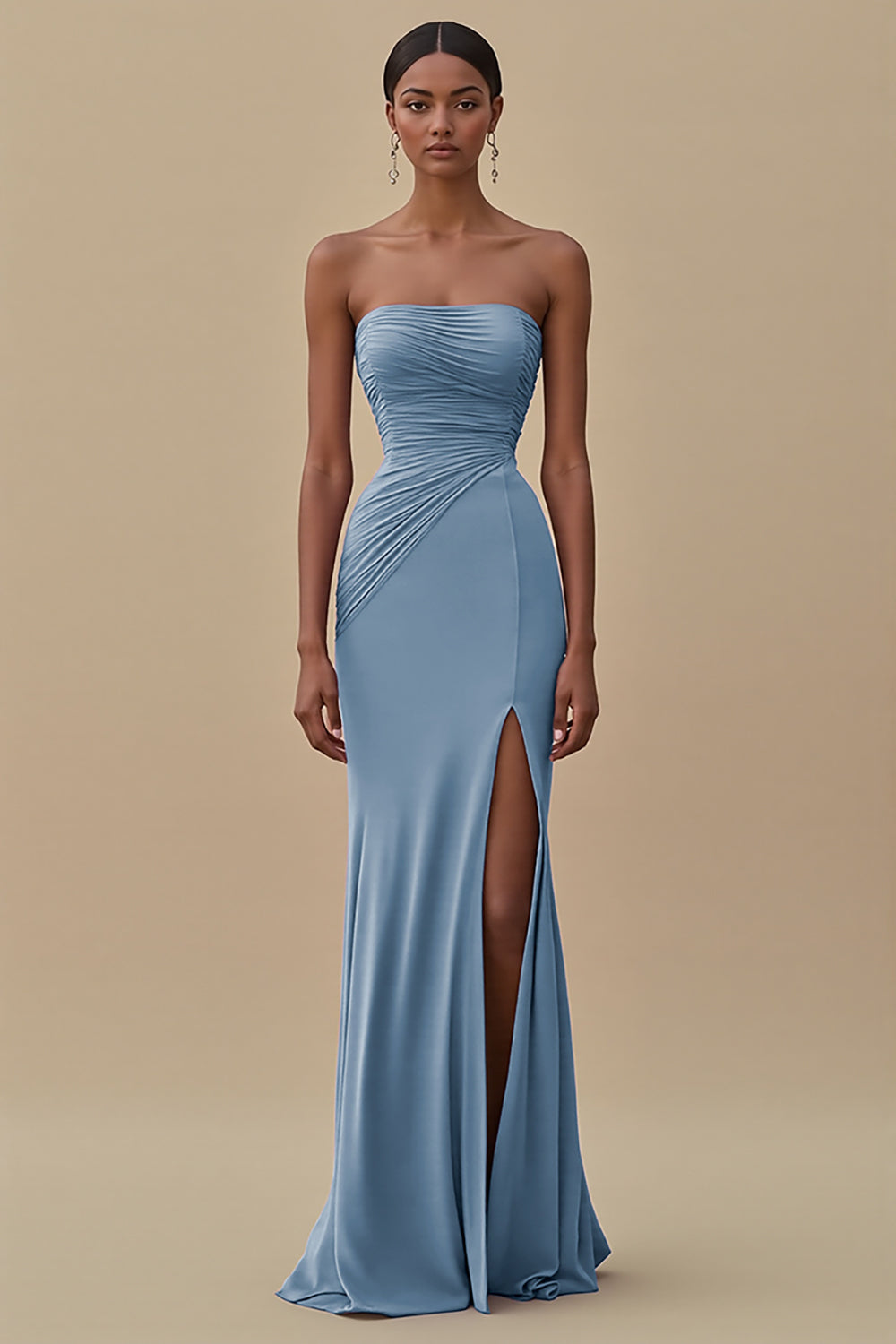 Black Strapless Ruched Long Formal Dress with Slit
