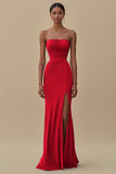 Black Strapless Ruched Long Formal Dress with Slit