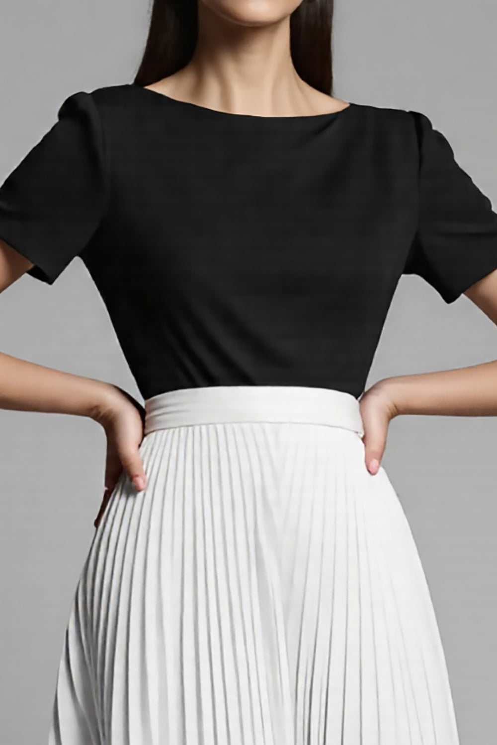 Ivory and Black A Line Long  Work Dress with Pleats