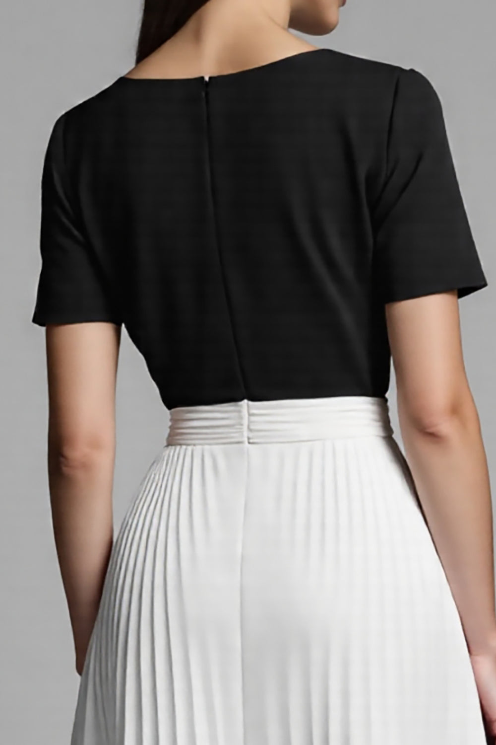 Ivory and Black A Line Long  Work Dress with Pleats
