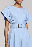 Sky Blue Short Sleeves A Line Long Work Dress with Belts