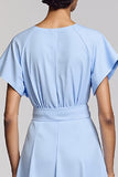 Sky Blue Short Sleeves A Line Long Work Dress with Belts