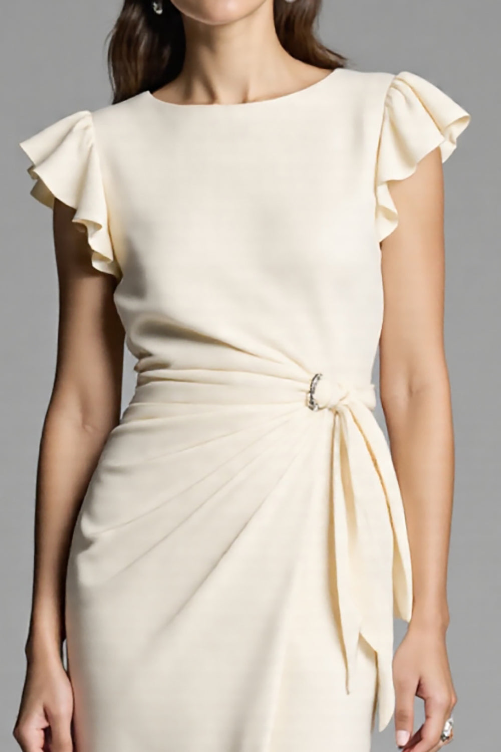 Ivory Bodycon Ruched Midi Work Dress with Sash