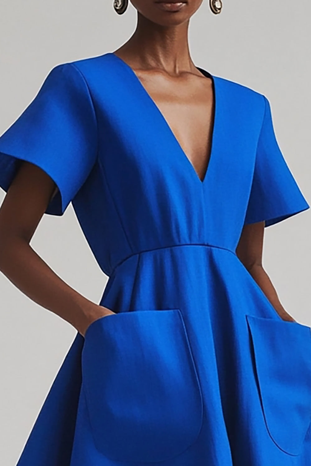 Royal Blue V-Neck A-Line Midi Work Dress with Pockets