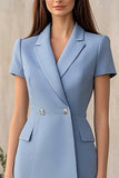 Dusty Blue Notched Lapel Sheath Short Work Dress
