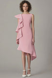 Pink Sheath Bateau Neck Ruffled Midi Work Dress